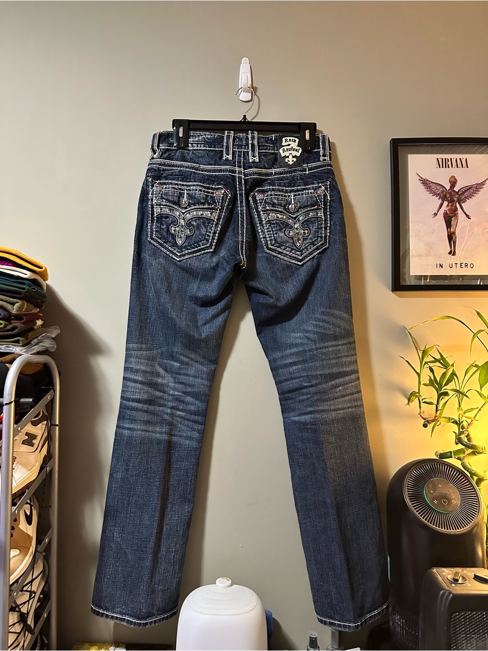 Rock Revival Men’s Dark Blue Straight Leg Jeans with Embroidered Pockets